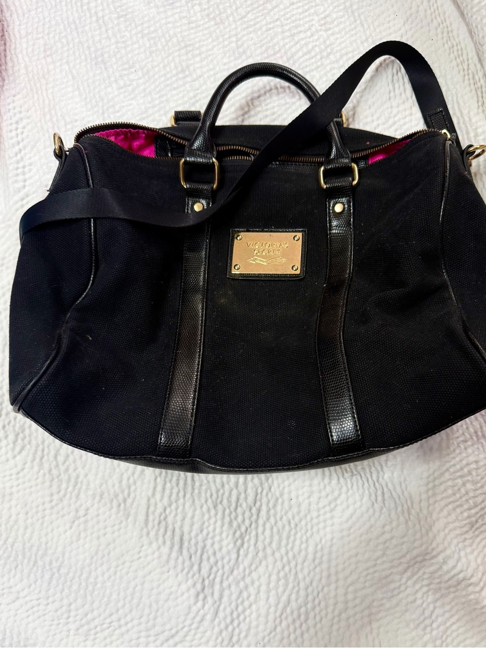 Victoria's Secret Black Canvas Tote with Pink Interior
